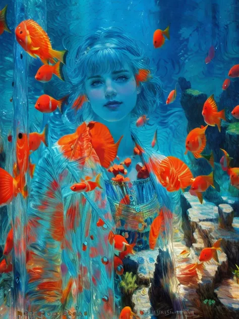 Aquarium with rainbow fish, behind the thick glass of the aquarium there is a girl, Portrait of a 25-year-old girl with long blond hair, dressed in a dress made of light material, the rays of the sun are refracted through the water and shine on the girls f...