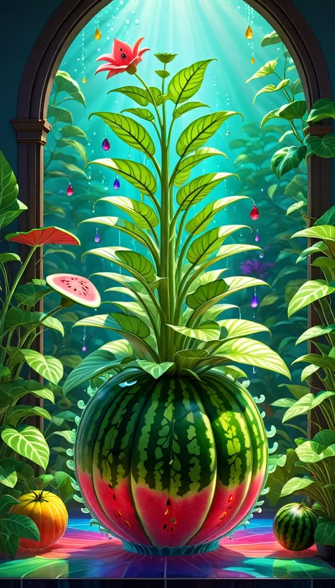 stained glass style，(a magical plant，colorful rainbow watermelon)，leaves covered with nectar, plants covered in liquid, cute 3d ...