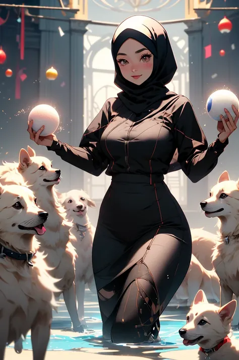 A malaysian woman (age 20, hijab no hair showing, athletic, a lite extra padding, hourglass figure, dressed appropriate o the scene) she is doing a commercial for PETA unclad, she is playing with puppies and having a ball