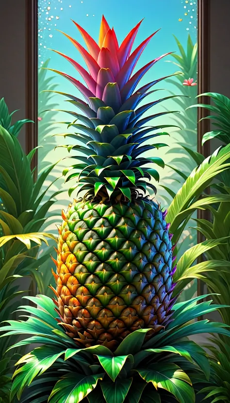 Stained glass style，(a magical plant，Colorful rainbow pineapple)，Leaves covered with nectar, Plants covered in liquid, Cute 3d rendering, Rendering in Cinema 4D Octane, Blender Art, cinema 4d color rendering, 非常detailed幸福照片, rendered in cinema4d, Color oct...