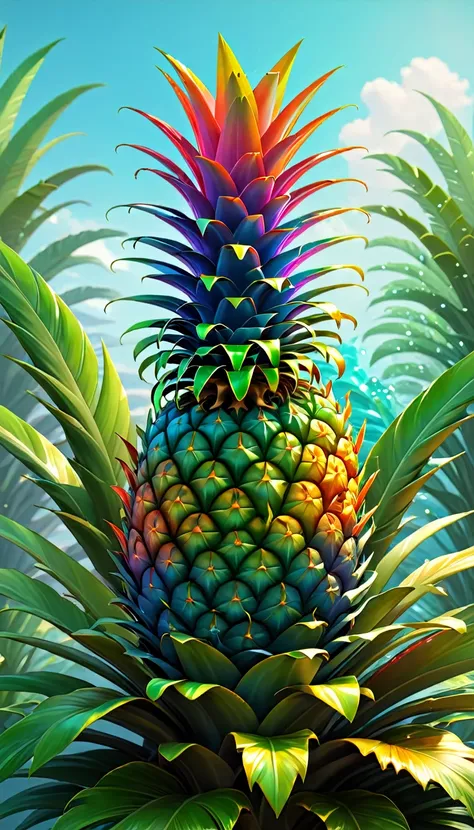 stained glass style，(a magical plant，colorful rainbow pineapple)，leaves covered with nectar, plants covered in liquid, cute 3d r...