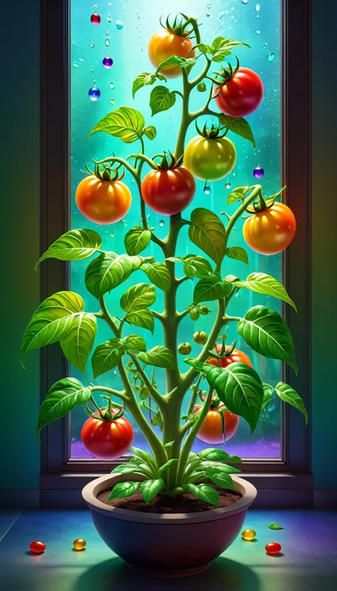 stained glass style，(a magical plant，colorful rainbow tomatoes)，leaves covered with nectar, plants covered in liquid, cute 3d re...