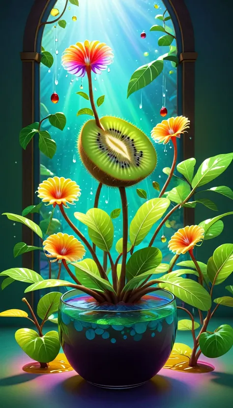 stained glass style，(a magical plant，colorful rainbow kiwi)，leaves covered with nectar, plants covered in liquid, cute 3d render...