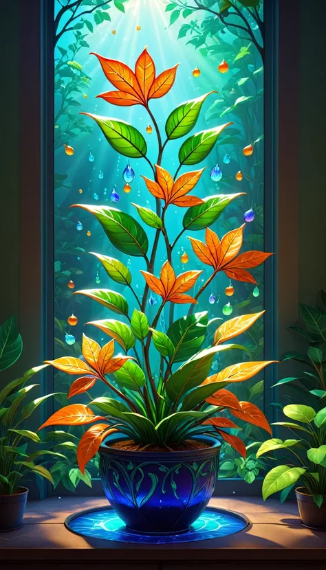 Stained glass style，(a magical plant，Colorful rainbow orange)，Leaves covered with nectar, Plants covered in liquid, Cute 3d rendering, Rendering in Cinema 4D Octane, Blender Art, cinema 4d color rendering, 非常detailed幸福照片, rendered in cinema4d, Color octane...