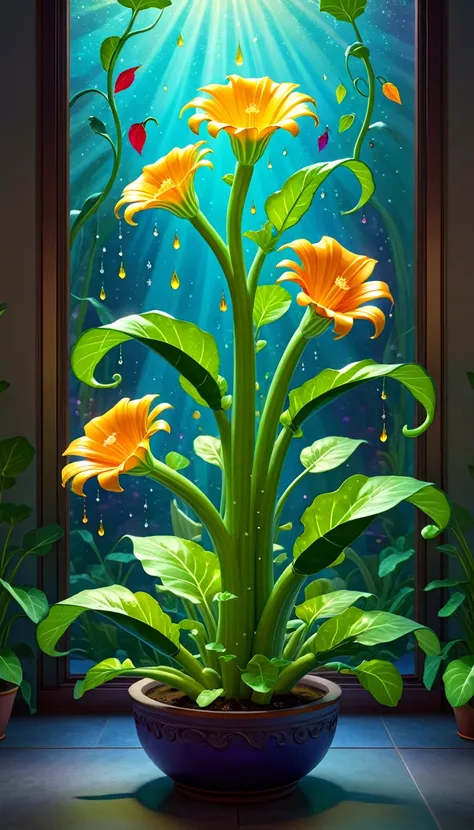 stained glass style，(a magical plant，colorful rainbow zucchini)，leaves covered with nectar, plants covered in liquid, cute 3d re...