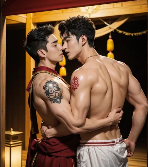 Two  handsome boys kissing, smiling at each other,hugging, kissing, touching lips, cuddle, romantic,skin ship, Chinese Men God, Mythology, realistic, Chinese odyssy, super Handsome,manly,  kpop idol, handsome korean actor, 20 years old,, detailed face, man...