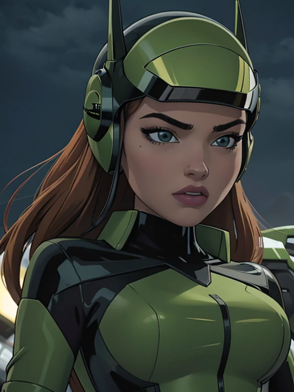 Highest image quality, outstanding details, ultra-high resolution, (realism: 1.4), the best illustration, favor details, highly condensed 1girl, with a delicate and beautiful face, dressed in a black and green mecha, wearing a mecha helmet, holding a direc...