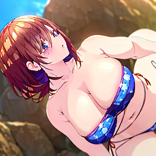 Cleavage、blush、The sun shines、Brown Hair、Cute light blue bikini、Exposing her breasts、Highly revealing、Neat hair、beautiful girl、Looking this way、naked