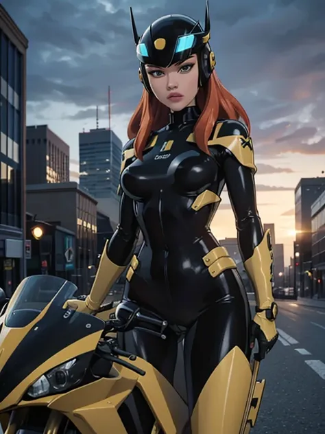 Highest image quality, outstanding details, ultra-high resolution, (realism: 1.4), the best illustration, favor details, highly condensed 1girl, with a delicate and beautiful face, dressed in a black and yellow mecha, wearing a mecha helmet, holding a dire...