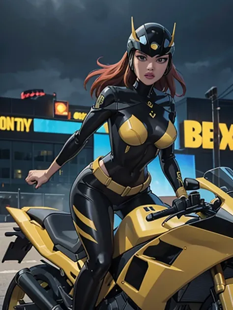 Highest image quality, outstanding details, ultra-high resolution, (realism: 1.4), the best illustration, favor details, highly condensed 1girl, with a delicate and beautiful face, dressed in a black and yellow mecha, wearing a mecha helmet, holding a dire...