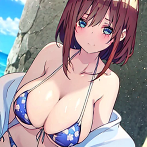 Cleavage、blush、The sun shines、Brown Hair、Cute light blue bikini、Exposing her breasts、Highly revealing、Neat hair、beautiful girl、Looking this way、naked