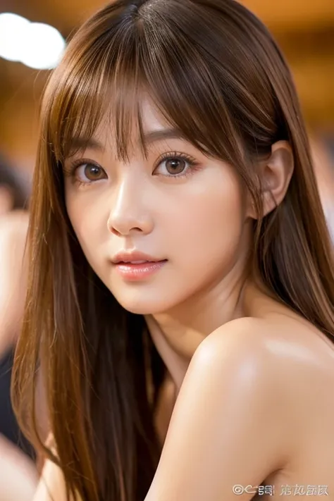 Naked adult chinese woman、girl, Looking at the audience, Light brown eyes, Highly detailed shiny hair, Long Hair:1.6、Beautiful face in symmetry、lips, bangs, Big eyes、Ideal body type、whole body、