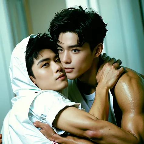 best qualtiy，（realisticlying：1.4）， tmasterpiece， Kodak Portra 400， white bed sheet，（Face focus：1.3），2 boys kissing，white skinned，Show muscles， posing on a，sface focus，hugs