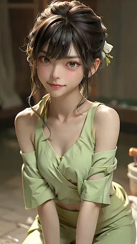 1 girl, solitary:1.2, (18 years old:1.2), Cute little trumpet, entity, Sweating of the skin, glowing skin, Slim, (Dull bangs: 1.2), Smile, Cute face, Exquisite eyes,, ((naked，Wrapped in a towel)), ((hot spring)), Beautiful breasts、Huge breasts:1.4，plump br...