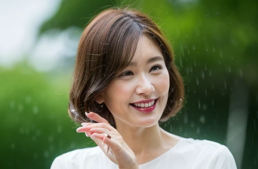 myself　woman　45 years old　茶色いshort hair　Brown Hair　Beautiful straight hair　 Shiny Hair　Japanese　During the rainy season　Holding an umbrella　short hair　(It rained and I got wet, Raindrops, Wet body :1.2)　It&#39;s raining outside ( sharp ), (Facing the child...