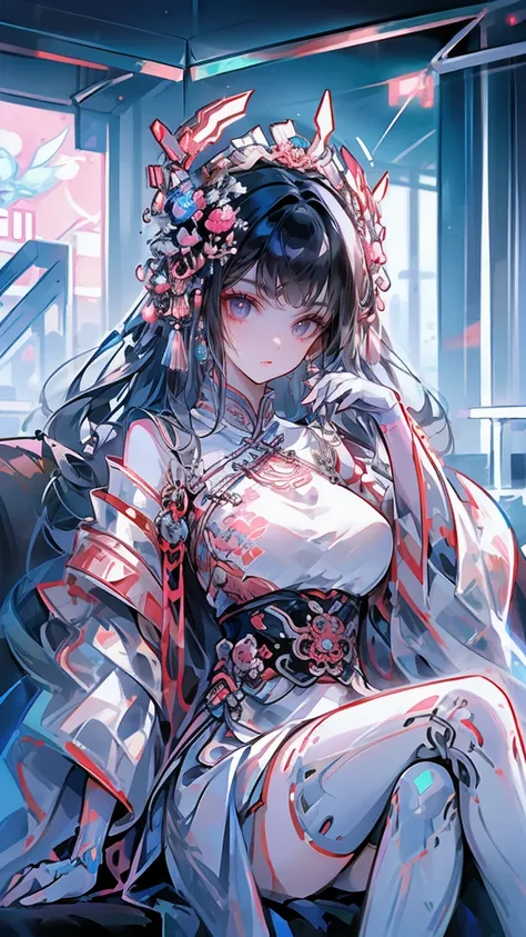 1 girl, chinese_clothes, in white and pink, cyberhanfu, Cheongsam, cyberpunk city, dynamic pose, Headdress, hair ornament, long hair, cyberpunk, a high-tech city, full of machinery and futuristic element, futurism, technology, aqua hair, divine goddess, hu...