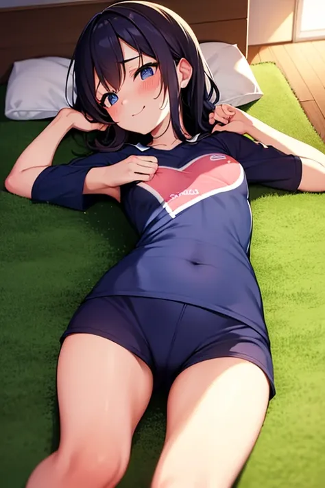 Wearing a soccer uniform with an embroidered logo、Cute junior high school girl with small breasts、Sweaty and looking happy、Her nipples are visible and protruding、Lying on the bed、Low - Angle、The uniform has an embroidered logo、indoor、Fingers pulling at clo...