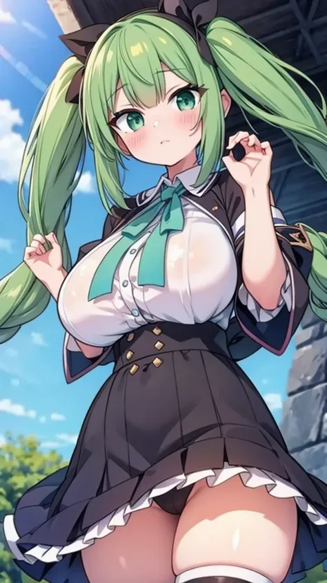   huge breasts (twin drills) green eye   best quality ultra-detailed unity 8k wallpaper as  embarrassed ass focus big eyes セーラー服 cowboy shot claw pose looking back, Medium Hair