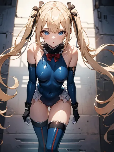 (Highly detailed CG), (highest quality), 1 girl, Perfect Face,  marierose,blue one-piece swimsuit,Shiny skin, Glowing Skin, Wide Hips,tight，Waist,Bodysuits，leotard，bangs,blue eyes，Removed sleeve,White gloves,Knee socks Elbow gloves,Exposing shoulders, Twin...