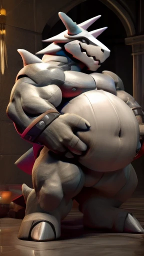 Aggron, big biceps, big belly, huge belly, hands on belly, 