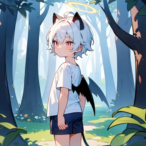 （masterpiece：1.2，high quality），8K，High resolution，A seven-year-old boy，cute boy，white hair，short hair，light red eyes，slit pupils， ahoge，cat ears，expressionless eyes，Halo，It has black wings on the back，wears a white short sleeved T-shirt，Dark blue shorts，St...