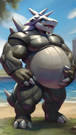 Aggron, big biceps, big belly, huge belly, hands on belly, 