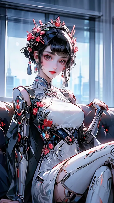 1 girl, chinese_clothes, in white and pink, cyberhanfu, Cheongsam, cyberpunk city, dynamic pose, Headdress, hair ornament, long hair, cyberpunk, a high-tech city, full of machinery and futuristic element, futurism, technology, aqua hair, divine goddess, hu...