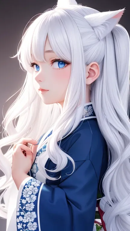 perfect face, long wavy white hair color, sharp eyes, blue eyes, solo, cat girl, feminine japanese clothing style, profile pictu...