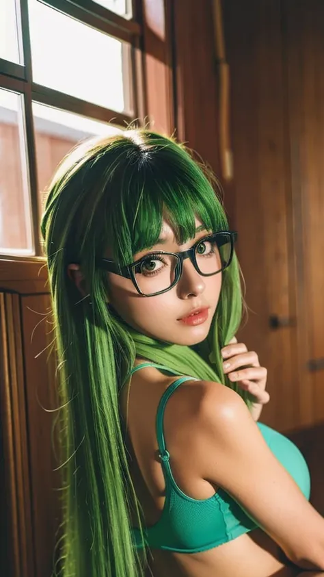 masterpiece, best quality,realistic,
1girl, solo,looking at viewer, indoors, green hair, glasses, upper body,