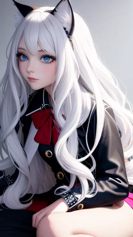 perfect face, long wavy white hair color, sharp eyes, blue eyes, solo, cat girl, feminine punk clothing style, profile picture, ...