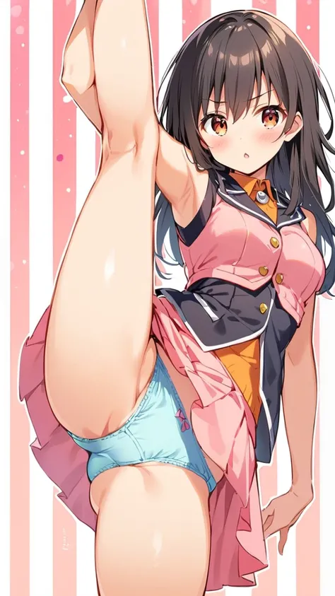 One Girl, Standing splits, Yuki Mikan, Long black hair，black sleeveless, Short Vest，Pink Skirt，Blue underwear