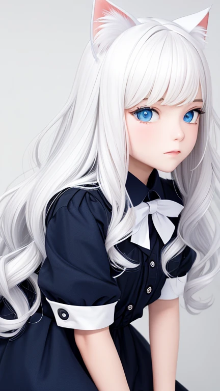 perfect face, long wavy white hair color, sharp eyes, blue eyes, solo, cat girl, tomboy clothing style, profile picture, bedroom background. 