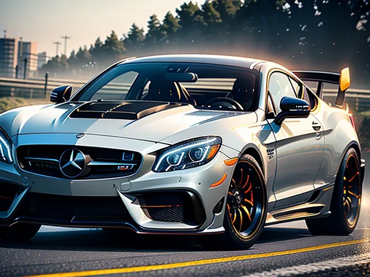 Fast cars on the road, Wide body, Low quality granular, [ The art of math ]!!, Granular low quality, HDR shooting, kodakchrome : : Eight thousand, steel gray body, Mercedes, HD, HDR photos, A perfect masterpiece, Low resolution, hdr render, Made with photo...