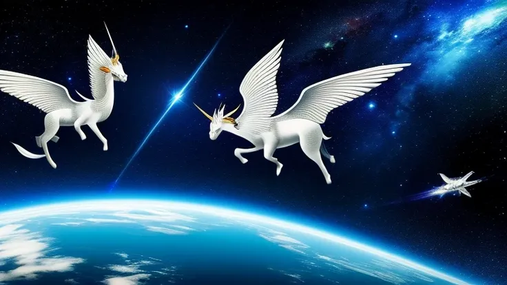 A pair of kirin flying through space。