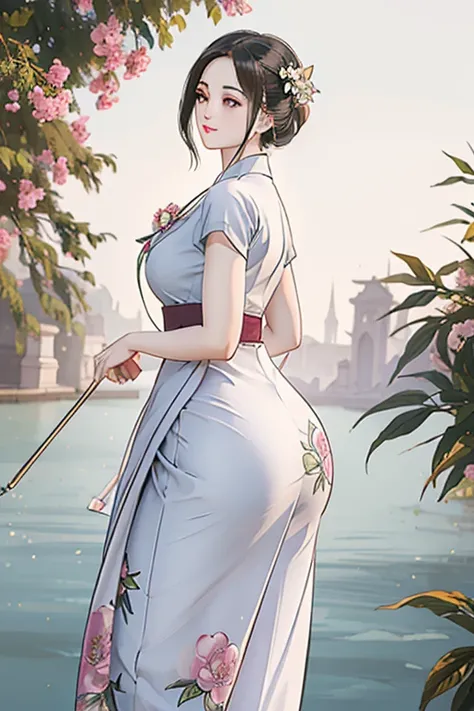 a beautiful girl in vintage colors aodai, masterpiece ,(Dye painting)  ( all color   dress ) wrapped in a large flower print( flower silk ..... with  ) best quality, realistic:1.3, street, cyberpunk, holding bundle of adubon sunlight, backlighting, (well p...