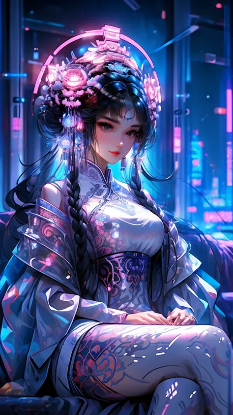 1 girl, chinese_clothes, in white and pink, cyberhanfu, Cheongsam, cyberpunk city, hair ornament, long hair, cyberpunk, a high-tech city, full of machinery and futuristic element, futurism, technology, aqua hair, divine goddess, huge breasts, queen, lace, ...