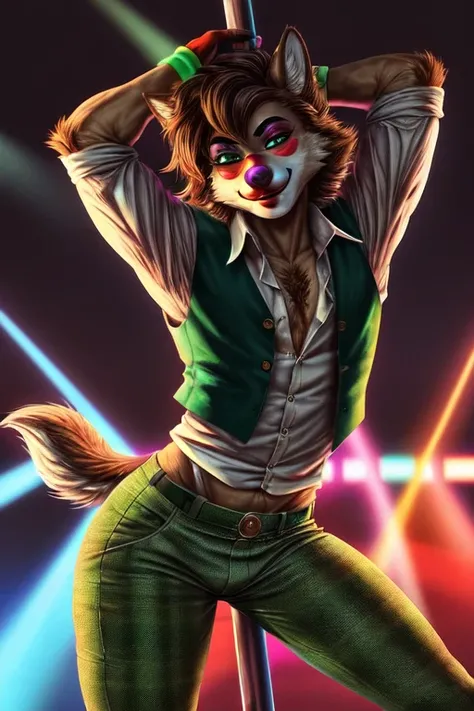 ((best quality)), ((masterpiece)), (detailed), perfect face, Furry, anthropomorphic wolf, Russet brown fur, dark brown hair, dark green eyes, 61 and 173 lbs, 41" Chest, 19" Shoulders, 13" Biceps, 32" waist, 23" Thighs, 15" Calves, 19" Back, club setting, d...