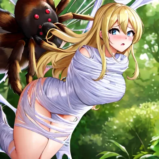 masterpiece, best quality, 1girl, solo, looking at viewer, Lucy heartfilia, length hair, floating hair, blonde hair, large breasts , breasts out, nude, (arms behind back:1.4), hanging,spiders in the web,long spider, desperate，struggle, entangled, embarasse...