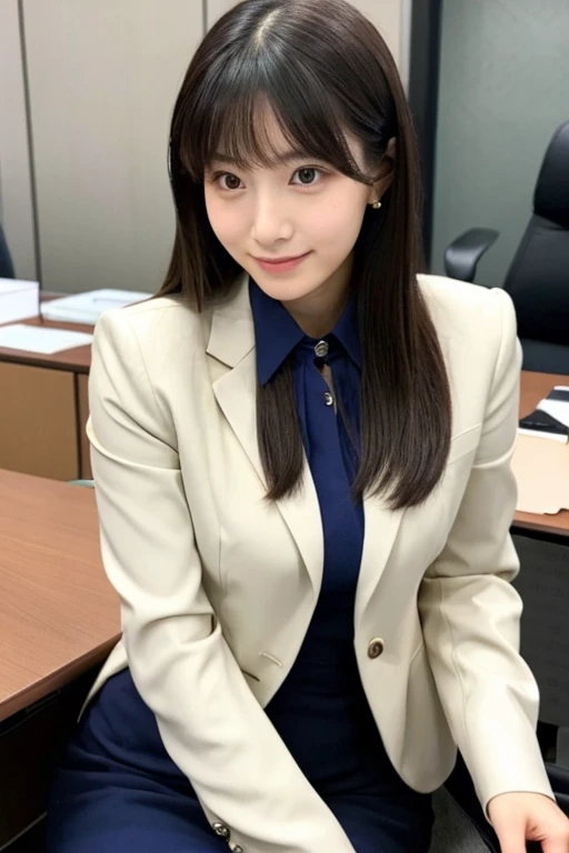 A 25-year-old Japanese office worker, exuding a charming, demure aura with a strong, professional demeanor. She is strikingly beautiful with a realistic appearance, situated in an office setting, seated in a conference room chair, wearing a suit.