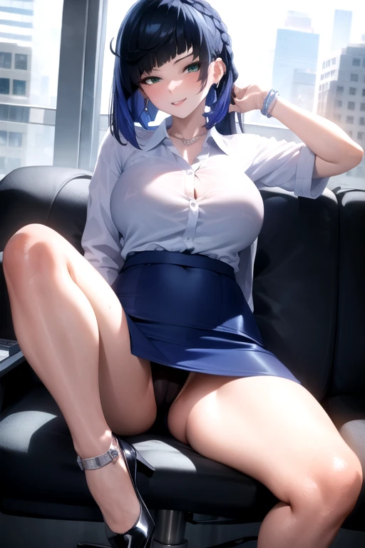 Office worker, sexy blue pencil skirt and white shirt, sitting legs open, visible pussy