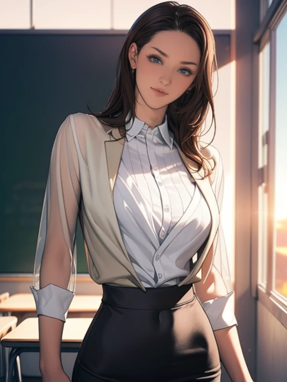 (8k,Photorealistic, masutepiece, Best Quality, Raw photo:1.3)、1woman in, 25years old,Solo,school girl, Long hair, Brown hair, Detailed beautiful face, alluring face, (Detailed beautiful brown eyes:1.2), medium breasts,(loose suit, sheer pencil Skirt :1.35)...