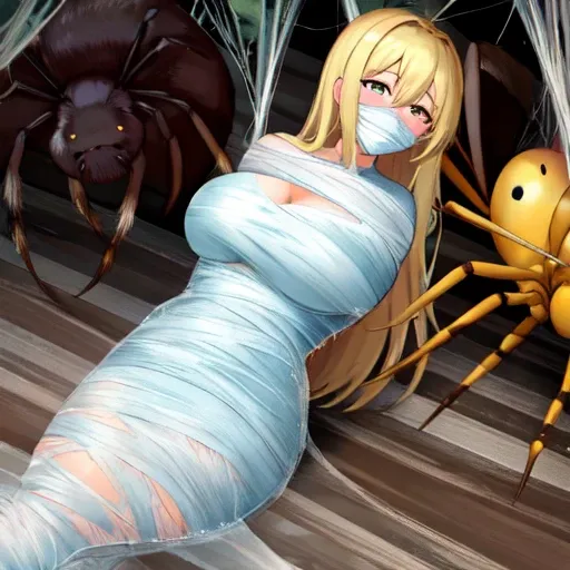 masterpiece, best quality, 1girl, solo, looking at viewer, Lucy heartfilia, length hair, floating hair, blonde hair, large breasts , breasts out,  (arms behind back:1.4), hanging,spiders in the web,long spider, desperate，struggle, entangled, embarassed fac...