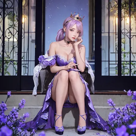 score_9, score_8_up, score_7_up,score_9, Cold Night, Lavender flowers around her, confident, 1 girl, pretty girl, solo, wearing a purple armor, ponytail, long legs, high heels, dress til knee, sexy, big eyes, concept art, purplish pink hair, slim thick bod...