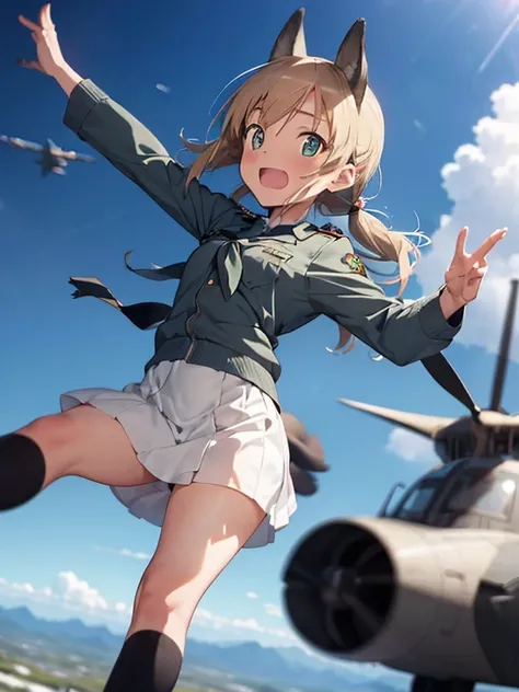 {(1girl free_fall from Altitude 10000m), (out of focus background:1.4)}, {1girl, beasts ears and tail}, (strike witches:1.2)}, {(cheerful:1.4), (candid shot)}