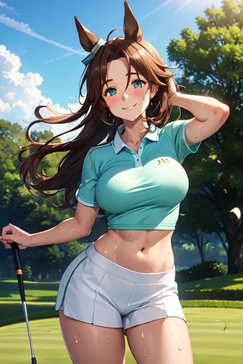 (High quality, High resolution, Fine details), Realistic, Mejiro Palmer (umamusume), woman, golf player, garden, green grass,sporty, athletic physique, confident expression, professional golfer, elegant pose, fashionable outfit, sunlight, leaves rustling i...