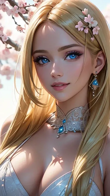 (Best quality,ultra detailed,photorealistic:1.37),bright and rich colors,studio lighting,playful facial expression,stylish makeup,Long blonde hair fluttering in the wind,inviting eyes,glossy lips,sexy pose, cherry blossom, I smile confidently and seductive...