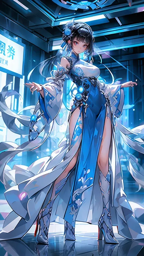 1 girl, chinese_clothes, in white and blue, cyberhanfu, Cheongsam, cyberpunk city, hair ornament, long hair, cyberpunk, a high-tech city, full of machinery and futuristic element, futurism, technology, aqua hair, divine goddess, huge breasts, queen, lace, ...