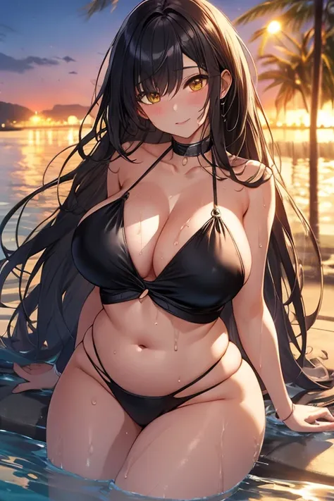 (SLE, mksks style, detailed background:1.1), (alone:1.3), mature, female, ((black skin)), fancy 드레스, long hair, black hair, beautiful hair, eye 위의 머리카락, yellow_eye, voluptuous body, happy, ((exposing voluptuous breasts)),((Clothes get wet)) head tilt,whole...