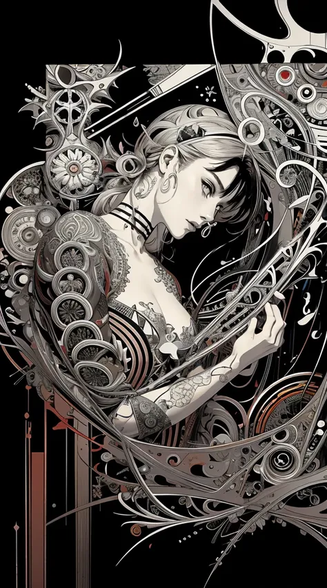 official art, unity 8k wallpaper, ultra detailed, beautiful and aesthetic, masterpiece, best quality, (zentangle, mandala, tangle, entangle), (fractal art:1.3) , 1girl, extremely detailed, dynamic angle, cowboyshot, the most beautiful form of chaos, elegan...