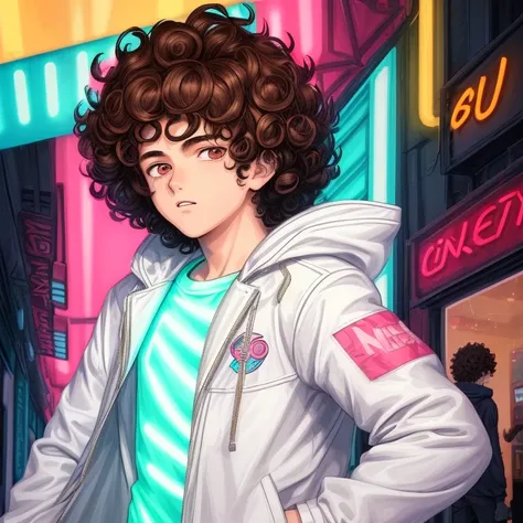 Boy, teenager, brunette, curly hair, white jacket with neon details, cartoon, anime